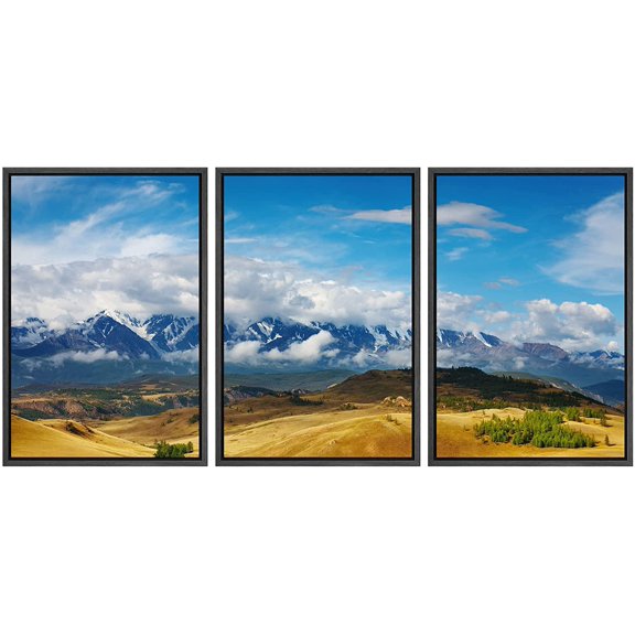 wall26 Framed Canvas Print Wall Art Set Blue Mountain Range &amp; Yellow Valley Nature Wilderness Photography Realism Rustic Scenic Relax/Calm for Living Room, Bedroom, Office - 16"x24"x3 B