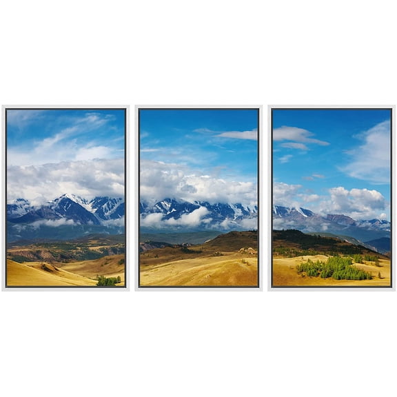 wall26 Framed Canvas Print Wall Art Set Blue Mountain Range &amp; Yellow Valley Nature Wilderness Photography Realism Rustic Scenic Relax/Calm for Living Room, Bedroom, Office - 16"x24"x3 W