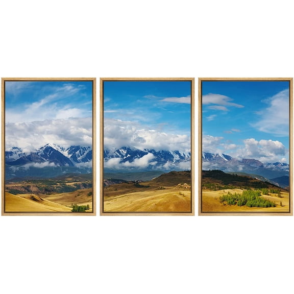 wall26 Framed Canvas Print Wall Art Set Blue Mountain Range &amp; Yellow Valley Nature Wilderness Photography Realism Rustic Scenic Relax/Calm for Living Room, Bedroom, Office - 16"x24"x3 N