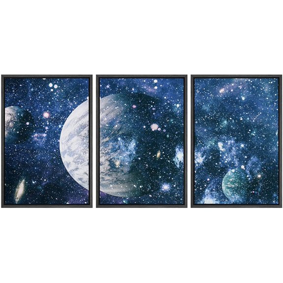 wall26 Framed Canvas Print Wall Art Set Blue Planet Starlight Galaxy Astronomy &amp; Space Nature Digital Art Sci-Fi &amp; Fantasy Decorative Landscape for Living Room, Bedroom, Office - 24"x36&
