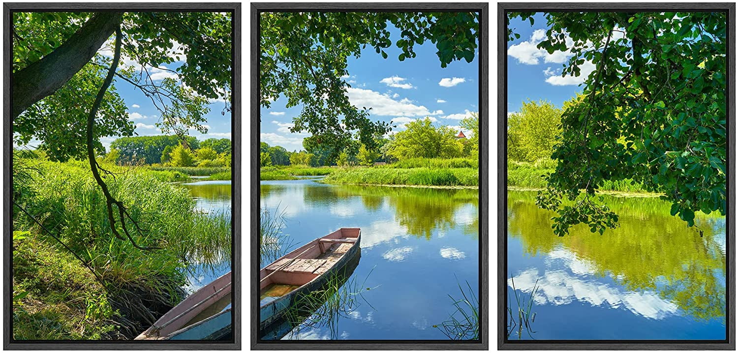 wall26 Framed Canvas Print Wall Art Set Boat on Lake in Spring-Summer ...