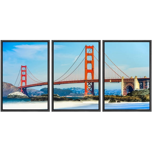 wall26 Framed Canvas Print Wall Art Set Bright Golden Gate Bridge San Francisco California Nature Cityscape Photography Realism Landscape Colorful for Living Room, Bedroom, Office - 16"x24"