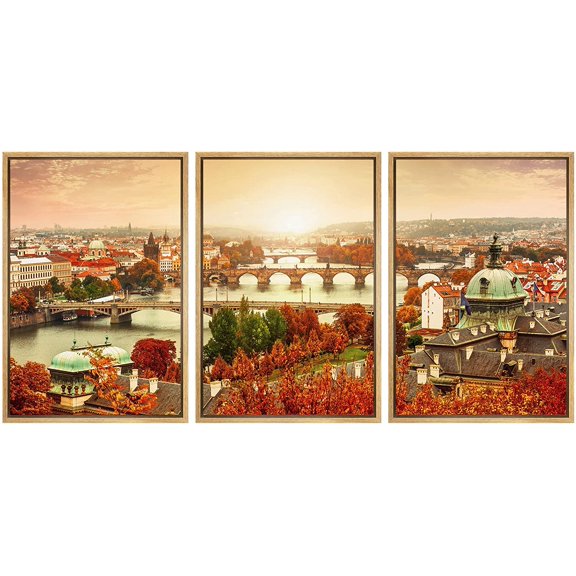 wall26 Framed Canvas Print Wall Art Set Charles Bridge Sunset Prague Czech Republic Architecture & Maps Country Photography Realism Rustic for Living Room, Bedroom, Office - 16"x24"x3 N