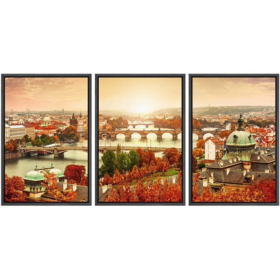 wall26 Framed Canvas Print Wall Art Set Charles Bridge Sunset Prague Czech Republic Architecture &amp; Maps Country Photography Realism Rustic for Living Room, Bedroom, Office - 16"x24"x3 B