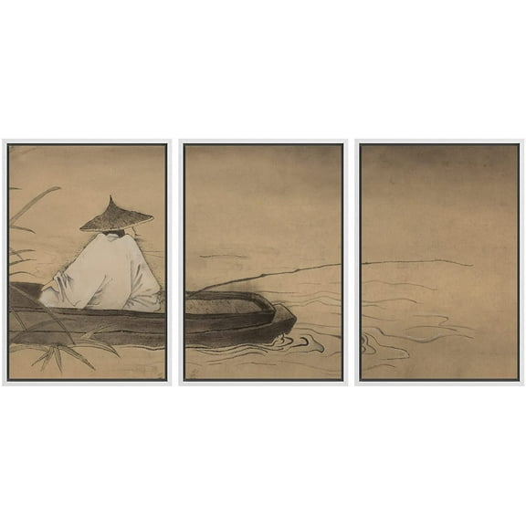 wall26 Framed Canvas Print Wall Art Set Classical Chinese Fisherman on The Lake Nature Wilderness Illustrations Modern Art Cultural Relax/Calm for Living Room, Bedroom, Office - 16"x24"x3 W