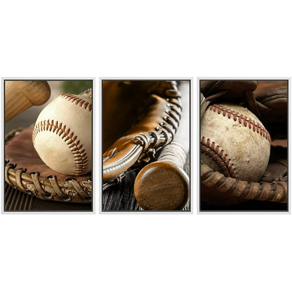 wall26 Framed Canvas Print Wall Art Set Close Up Baseball Catcher's Mitt Details Sports &amp; Fitness Athletes Photography Pop Art Modern Realism for Living Room, Bedroom, Office - 16"x24"x
