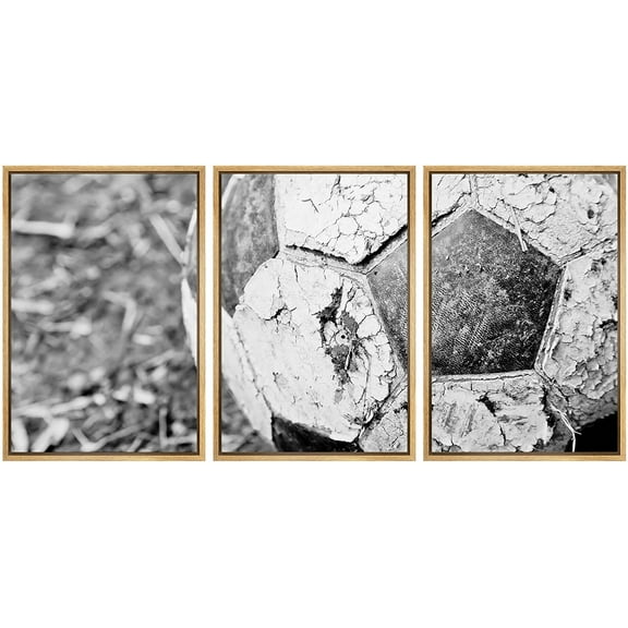 wall26 Framed Canvas Print Wall Art Set Close Up of Old Torn Soccer Ball Sports Athletes Photography Realism Chic Scenic Dark Duotone Ultra for Living Room, Bedroom, Office - 24"x36"x3 NATU