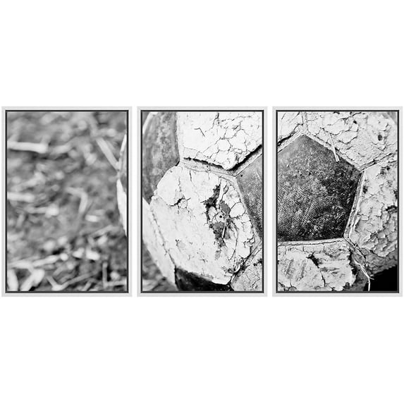 wall26 Framed Canvas Print Wall Art Set Close Up of Old Torn Soccer Ball Sports Athletes Photography Realism Chic Scenic Dark Duotone Ultra for Living Room, Bedroom, Office - 24"x36"x3 WHIT