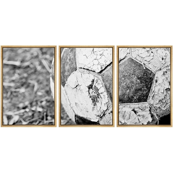 wall26 Framed Canvas Print Wall Art Set Close Up of Old Torn Soccer Ball Sports Athletes Photography Realism Chic Scenic Dark Duotone Ultra for Living Room, Bedroom, Office - 16"x24"x3 NATU