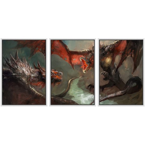 wall26 Framed Canvas Print Wall Art Set Dueling Mystic Ancient Dragons Fantasy & Sci-Fi Myth Illustrations Art Contemporary Scenic Fun Colorful for Living Room, Bedroom, Office - 24"x36"