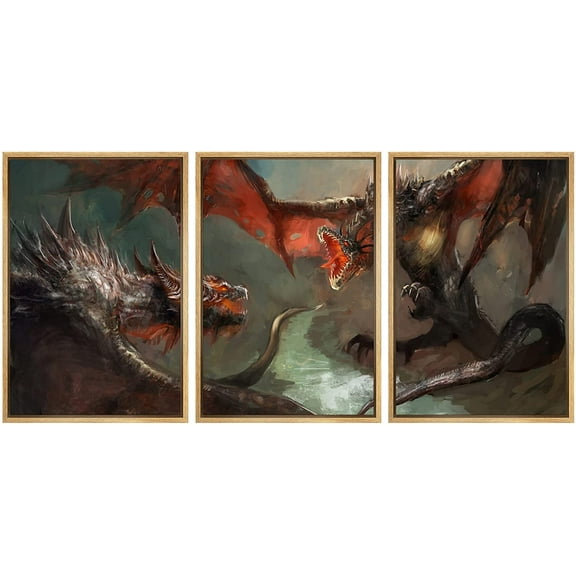 wall26 Framed Canvas Print Wall Art Set Dueling Mystic Ancient Dragons Fantasy &amp; Sci-Fi Myth Illustrations Art Contemporary Scenic Fun Colorful for Living Room, Bedroom, Office - 16"x24&quot