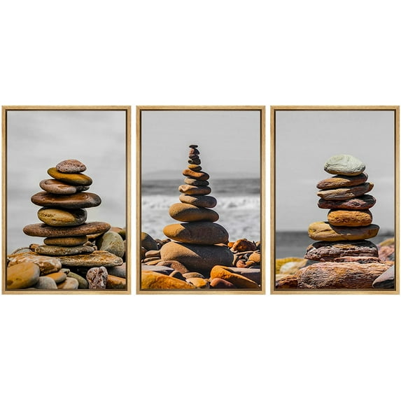wall26 Framed Canvas Print Wall Art Set Duotone Beach Ocean Pebble Rocks Wilderness Nature Photography Modern Art Rustic Decorative Relax/Calm for Living Room, Bedroom, Office - 24"x36"x3 N