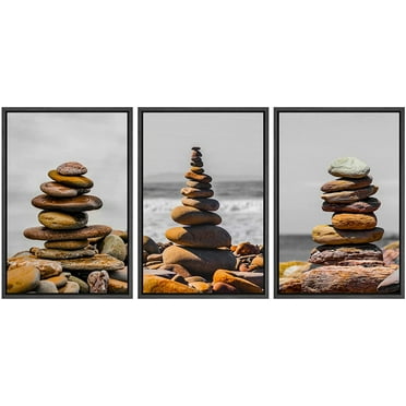 wall26 Framed Canvas Print Wall Art Set Duotone Beach Ocean Pebble Rocks Wilderness Nature Photography Modern Art Rustic Decorative Relax/Calm for Living Room, Bedroom, Office - 24&quot;x36&quot;x3 B