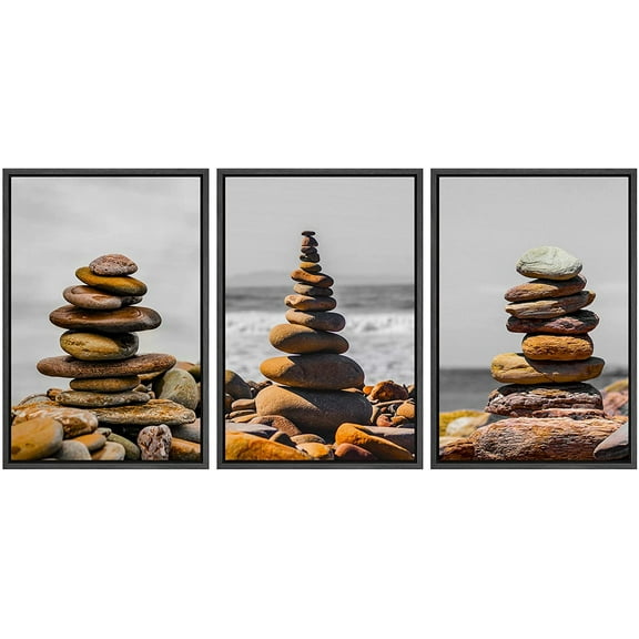 wall26 Framed Canvas Print Wall Art Set Duotone Beach Ocean Pebble Rocks Wilderness Nature Photography Modern Art Rustic Decorative Relax/Calm for Living Room, Bedroom, Office - 16"x24"x3 B