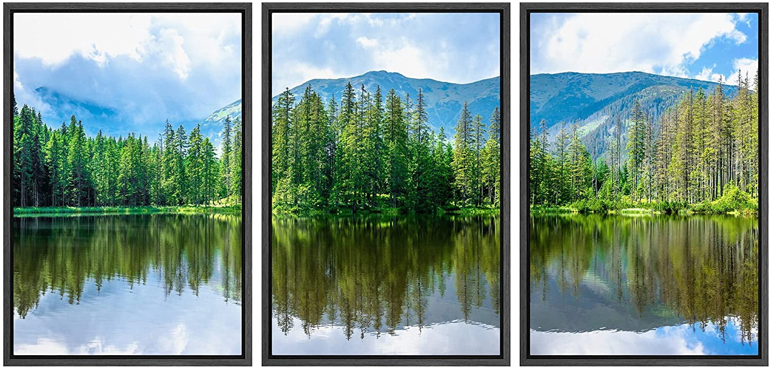 wall26 Framed Canvas Print Wall Art Set Emerald Forest Lake Mountain ...