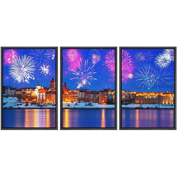 wall26 Framed Canvas Print Wall Art Set European Night Fireworks Festival Celebrations &amp; Holidays Cityscape Photography Realism Landscape Colorful for Living Room, Bedroom, Office - 24"x36&q