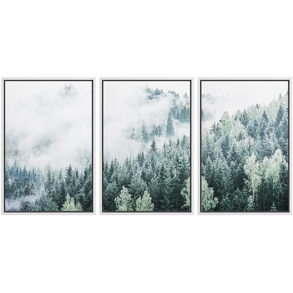 wall26 Framed Canvas Print Wall Art Set Film Grain Aerial View of Misty Forest Nature Wilderness Modern Art Rustic Landscape Relax/Calm Cool for Living Room, Bedroom, Office - 16"x24"x3 Whi