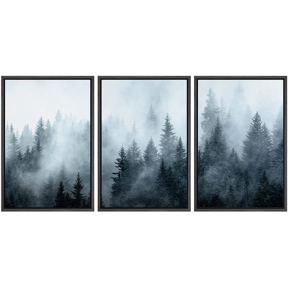 wall26 Framed Canvas Print Wall Art Set Film Grain Effect Fog Over Pine Tree Forest Nature Wilderness Modern Art Rustic Landscape Relax/Calm Cool for Living Room, Bedroom, Office - 16"x24"x