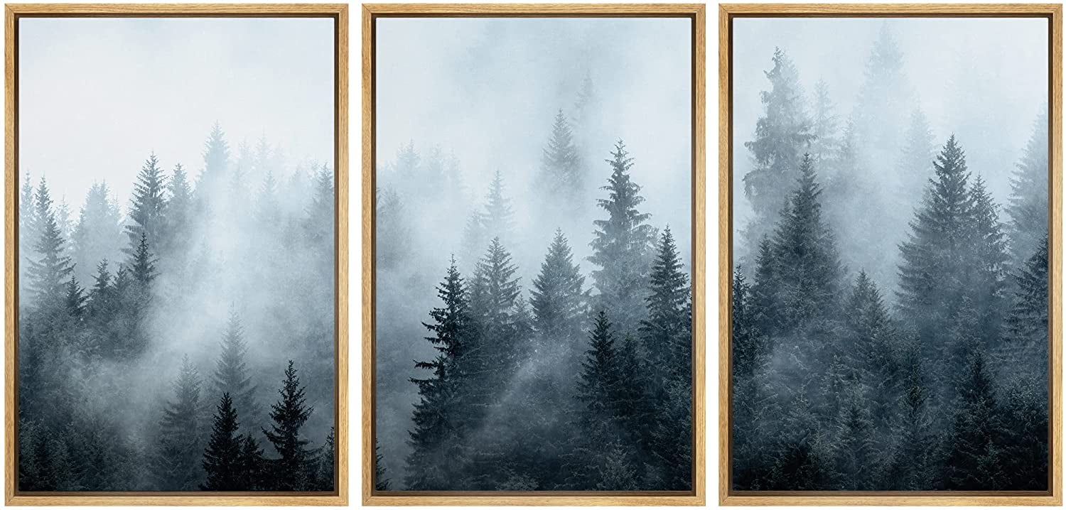 wall26 Framed Canvas Print Wall Art Set Film Grain Effect Fog Over Pine ...