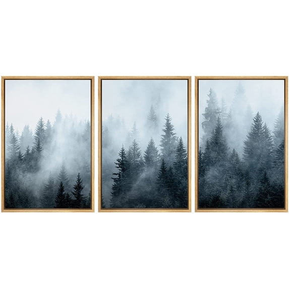 wall26 Framed Canvas Print Wall Art Set Film Grain Effect Fog Over Pine Tree Forest Nature Wilderness Modern Art Rustic Landscape Relax/Calm Cool for Living Room, Bedroom, Office - 16"x24"x