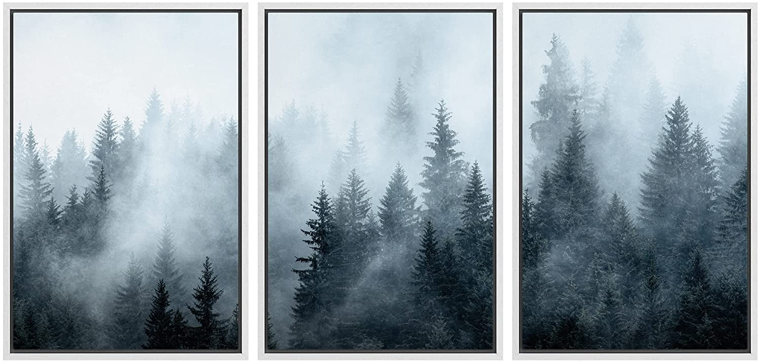 wall26 Framed Canvas Print Wall Art Set Film Grain Effect Fog Over Pine ...