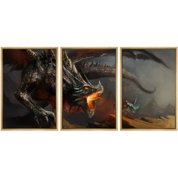 wall26 Framed Canvas Print Wall Art Set Fire Dragon &amp; Shining Knight Duel Fantasy &amp; Sci-Fi Myth Illustrations Art Contemporary Scenic Fun Colorful for Living Room, Bedroom, Office - 24"x