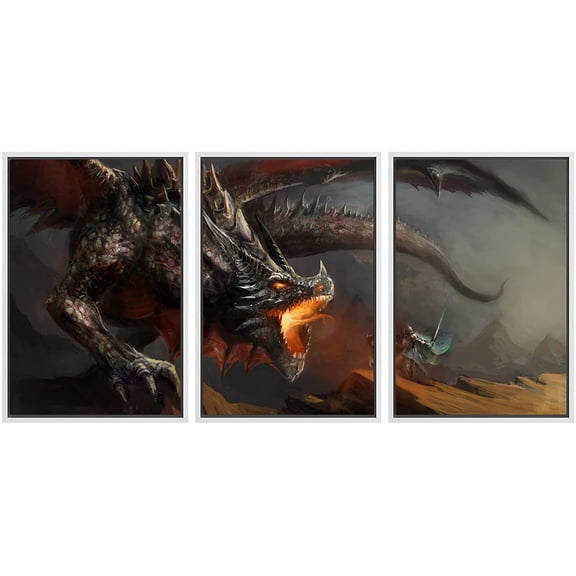 wall26 Framed Canvas Print Wall Art Set Fire Dragon & Shining Knight Duel Fantasy & Sci-Fi Myth Illustrations Art Contemporary Scenic Fun Colorful for Living Room, Bedroom, Office - 24"x