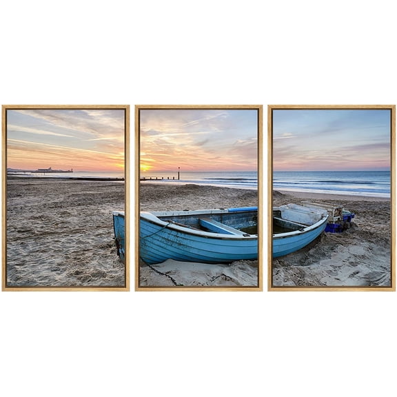 wall26 Framed Canvas Print Wall Art Set Fishing Boat on Beach Sand at Sunset Nature Wilderness Photography Realism Rustic Colorful Ultra for Living Room, Bedroom, Office - 16"x24"x3 Natural