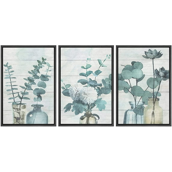 wall26 Framed Canvas Print Wall Art Set Forest Fern Leaf Trio Floral Wilderness Watercolor Modern Art Chic Group Relax/Calm Multicolor Pastel for Living Room, Bedroom, Office - 24"x36"x3 BL