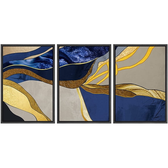 wall26 Framed Canvas Print Wall Art Set Geometric Gold Blue Granite Landscape Abstract Shapes Illustrations Modern Art Decorative Boho Colorful for Living Room, Bedroom, Office - 24"x36"x3