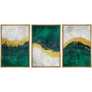 wall26 Framed Canvas Print Wall Art Set Geometric Gold Green Paint Strokes Abstract Shapes Illustrations Modern Art Decorative Multicolor Chic for Living Room, Bedroom, Office - 24&quot;x36&quot;x3 N