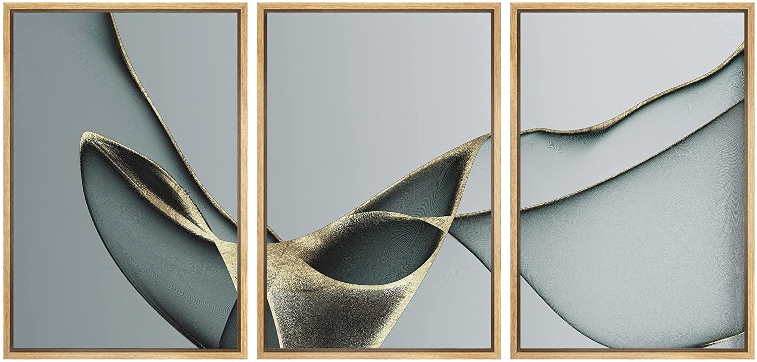 wall26 Framed Canvas Print Wall Art Set Geometric Gold Teal Wave Lines