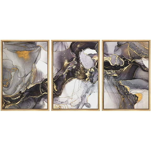wall26 Framed Canvas Print Wall Art Set Geometric Pastel Black Gold Smoke Waves Abstract Shapes Illustrations Modern Art Decorative Boho Colorful for Living Room, Bedroom, Office - 16"x24"x