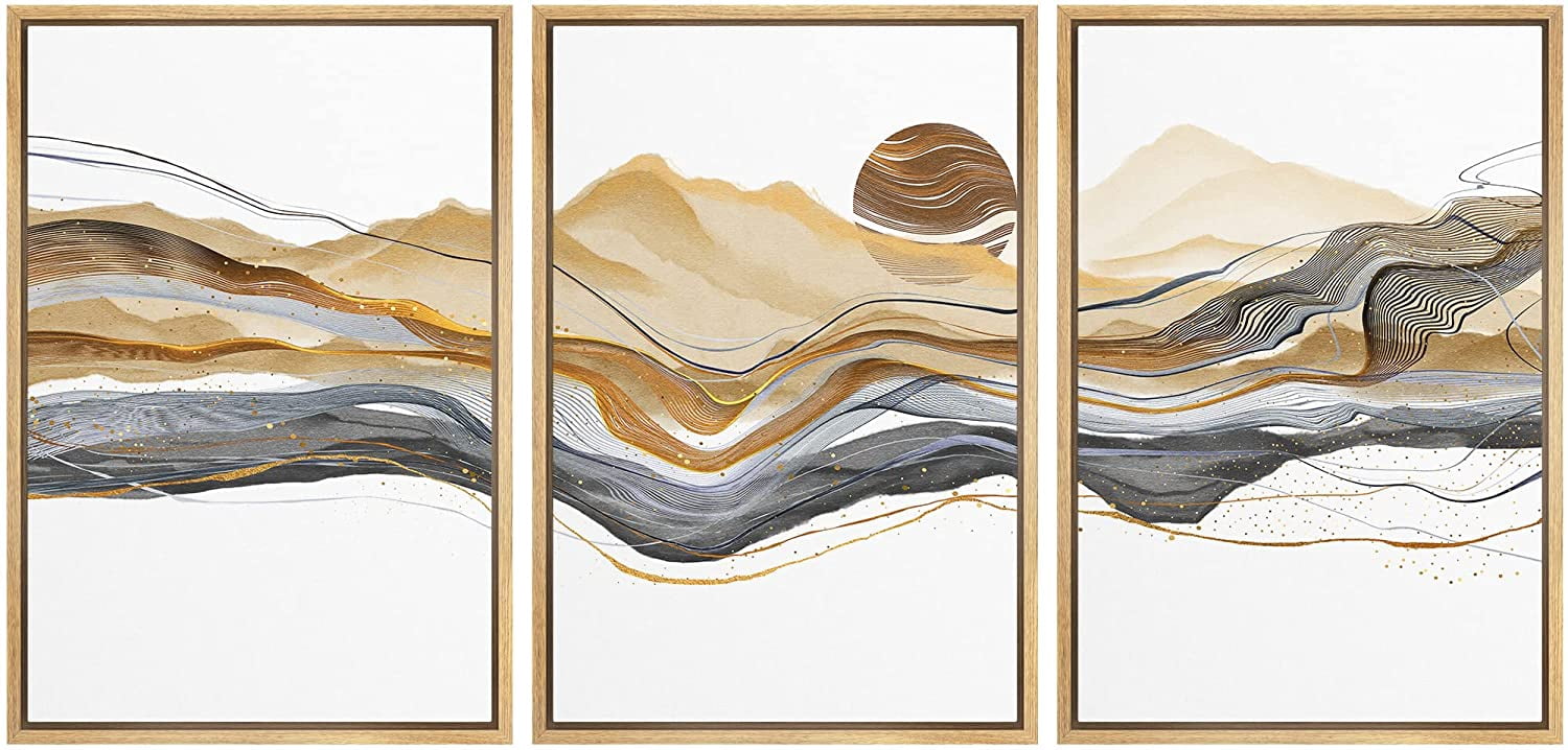 wall26 Framed Canvas Print Wall Art Set Gold Black Pastel Paint Stroke ...