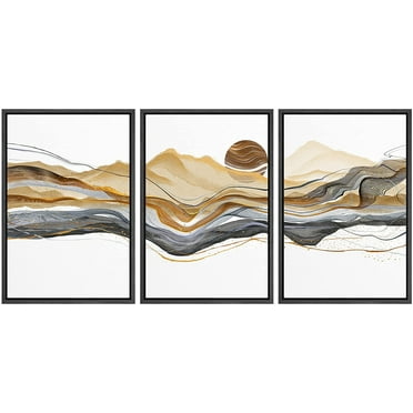 wall26 Framed Canvas Print Wall Art Set Gold Black Pastel Paint Stroke Mountain Range Nature Abstract Illustrations Modern Art Rustic Landscape for Living Room, Bedroom, Office - 24&quot;x36&quot;x3