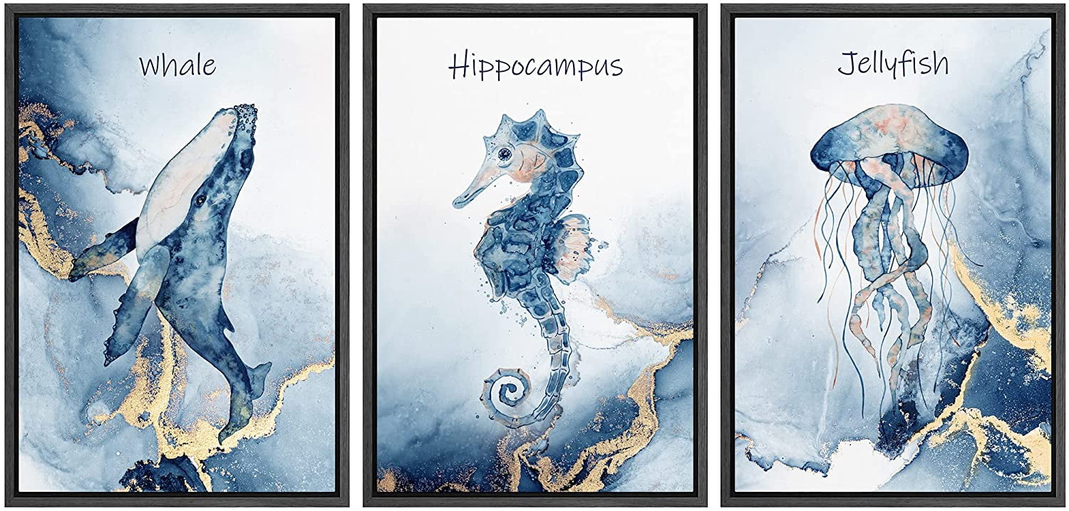 wall26 Framed Canvas Print Wall Art Set Gold Blue Ocean Whale Seahorse ...