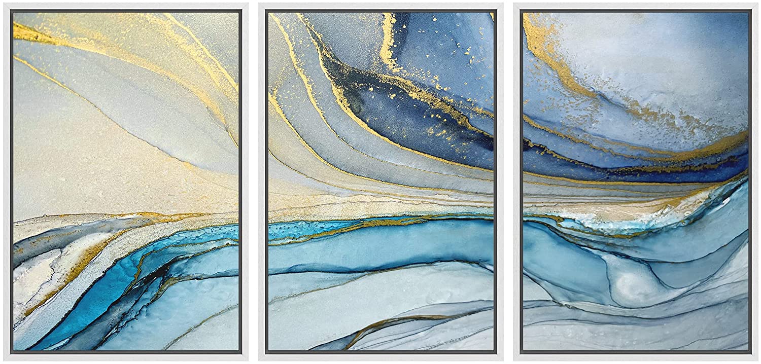 wall26 Framed Canvas Print Wall Art Set Gold Blue Pastel Watercolor ...