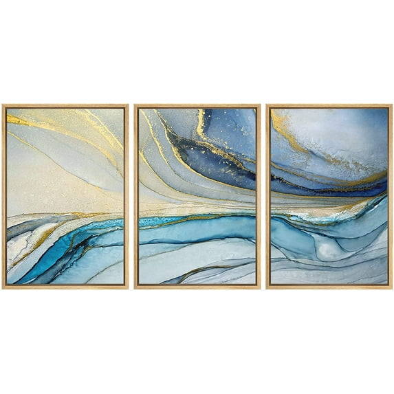 wall26 Framed Canvas Print Wall Art Set Gold Blue Pastel Watercolor Landscape Abstract Shapes Illustrations Modern Art Decorative Boho Colorful for Living Room, Bedroom, Office - 16"x24"x3