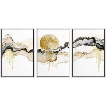 wall26 Framed Canvas Print Wall Art Set Gold Moon Moonlight Pastel Paint Stroke Wave Nature Abstract Illustrations Modern Art Rustic Landscape for Living Room, Bedroom, Office - 24&quot;x36&quot;x3 W