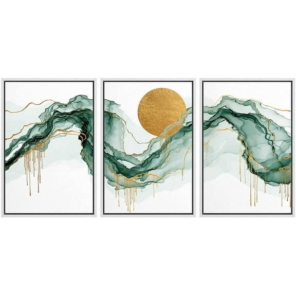 wall26 Framed Canvas Print Wall Art Set Gold Sunshine Sun Green Pastel Smoke Cloud Wave Nature Abstract Illustrations Modern Art Rustic Landscape for Living Room, Bedroom, Office - 16"x24"x