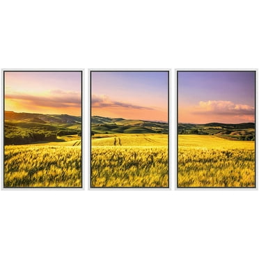 wall26 Framed Canvas Print Wall Art Set Golden Country Wheat Field Sunset Nature Wilderness Photography Realism Rustic Landscape Colorful Cool for Living Room, Bedroom, Office - 16&quot;x24&quot;x3 W