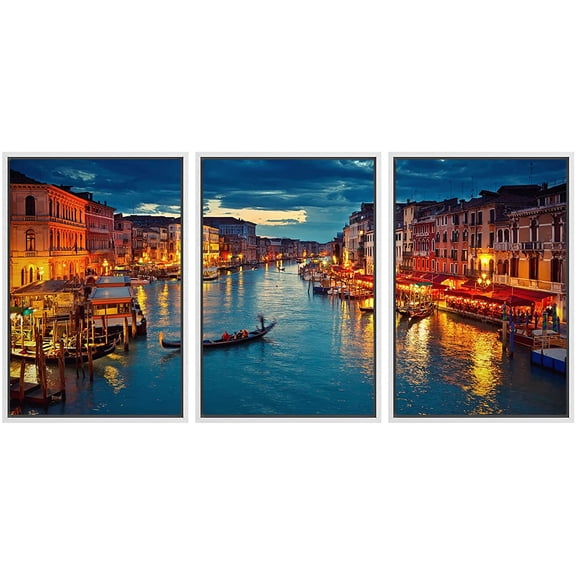 wall26 Framed Canvas Print Wall Art Set Grand Canal at Night in Venice, Italy Nature Wilderness Photography Realism Rustic Scenic Colorful for Living Room, Bedroom, Office - 24"x36"x3 White