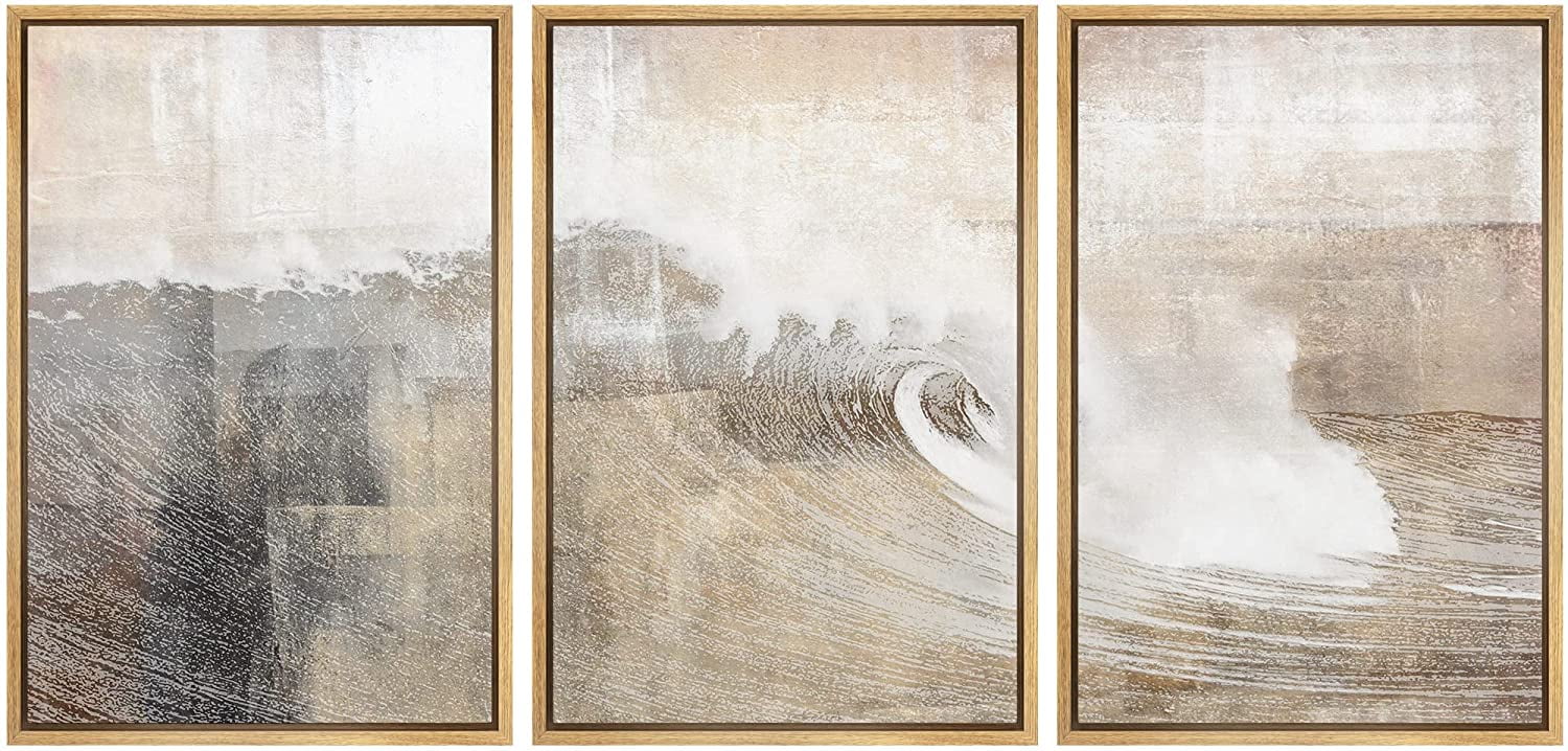 Natural Framed Abstract Ocean Wave Canvas Art Set