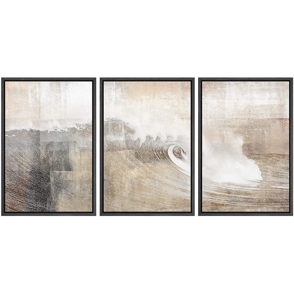 wall26 Framed Canvas Print Wall Art Set Gray & Tan Color Block Ocean Wave Overlay Nature Wilderness Digital Art Modern Art Rustic Scenic for Living Room, Bedroom, Office - 16"x24"x3 Bla
