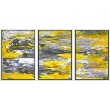 wall26 Framed Canvas Print Wall Art Set Gray &amp; Yellow Grunge Brushstrokes Abstract Shapes Illustrations Modern Art Chic Colorful Multicolor Ultra for Living Room, Bedroom, Office - 24&quot;x36&qu