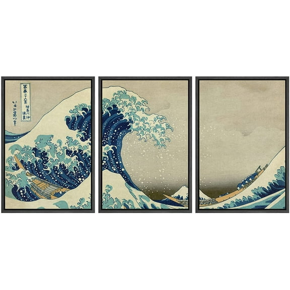 wall26 Framed Canvas Print Wall Art Set The Great Wave Off Kanagawa by Hokusai Cultural Historic Oil Painting Fine Art Reproduction Scenic Colorful for Living Room, Bedroom, Office - 24"x36&quot