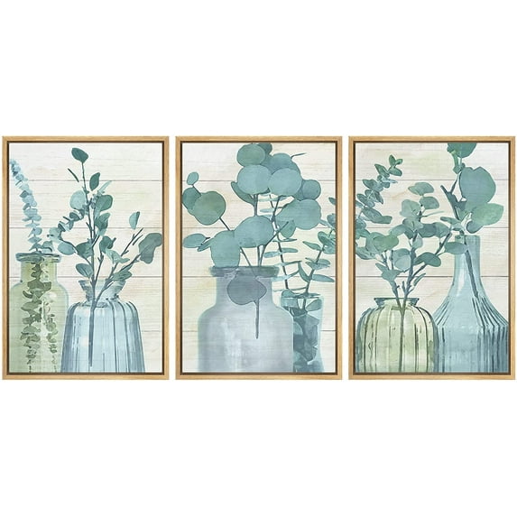 wall26 Framed Canvas Print Wall Art Set Green Fern Leaves in Bottle Vases Floral Wilderness Watercolor Modern Art Chic Group Multicolor Pastel for Living Room, Bedroom, Office - 16"x24"x3 N