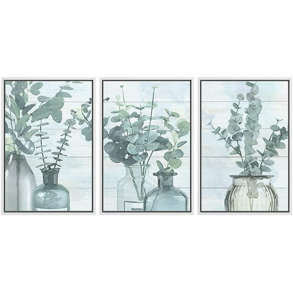 wall26 Framed Canvas Print Wall Art Set Green Forest Leaves in Teal Bottle Vases Floral Wilderness Watercolor Modern Art Chic Group Pastel for Living Room, Bedroom, Office - 16"x24"x3 WHITE