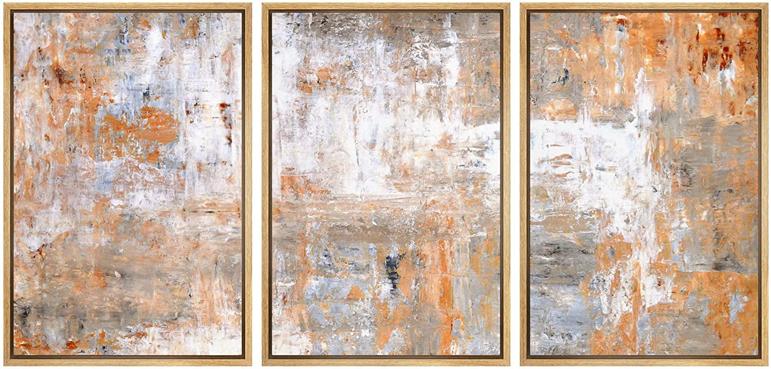 Modern Geometric Abstract Orange and Gray Canvas Wall Art Set