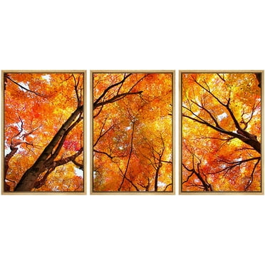 wall26 Framed Canvas Print Wall Art Set Ground View of Vibrant Autumn Trees Nature Wilderness Photography Realism Chic Scenic Relax/Calm for Living Room, Bedroom, Office - 24&quot;x36&quot;x3 Natural